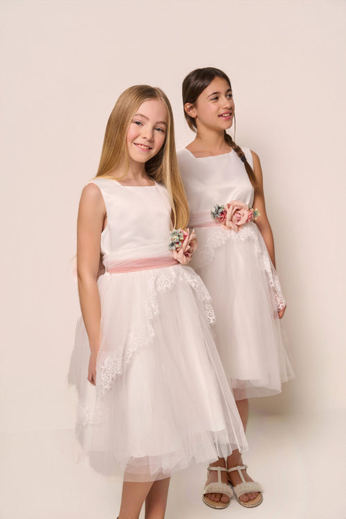 Abito Bambina Cerimonia in Tulle con Dettaglio Floreale