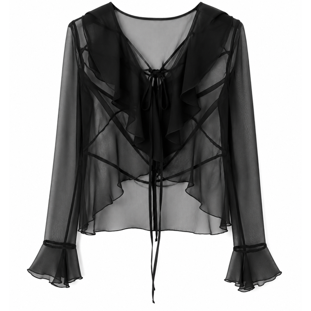 Blusa in voile con volant e laccetto sul davanti