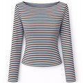 Maglia Donna a Righe Marrone e Azzurro con Scollo a Barca