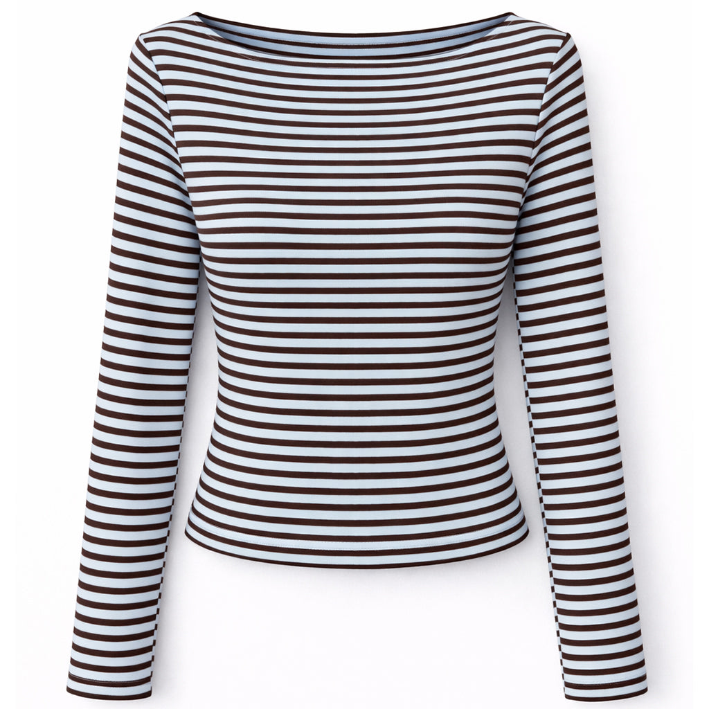 Maglia Donna a Righe Marrone e Azzurro con Scollo a Barca
