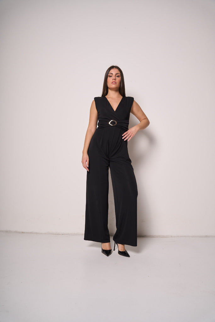 Tuta Lunga Donna con Scollo a V e Cintura Decorativa