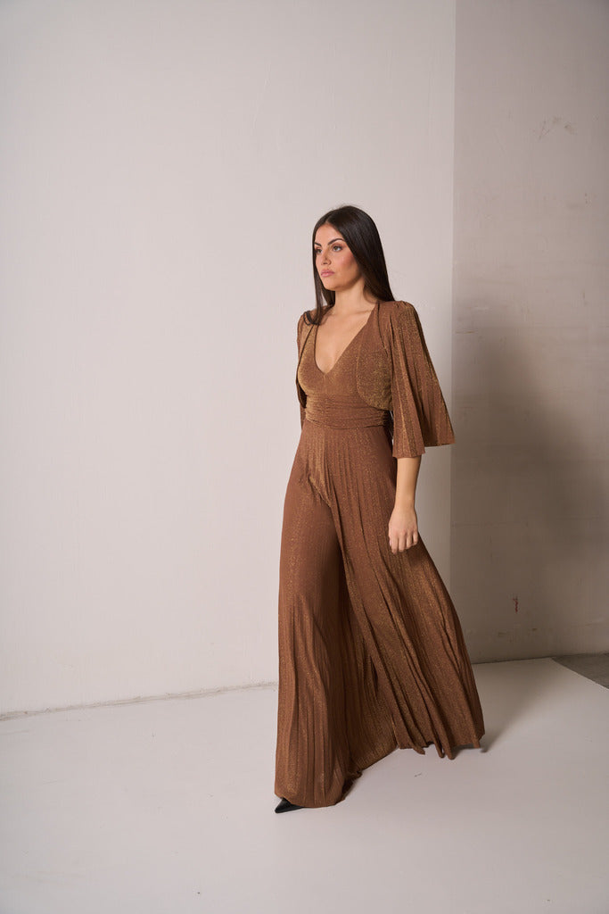 Tuta lunga donna lurex con pantalone plissé
