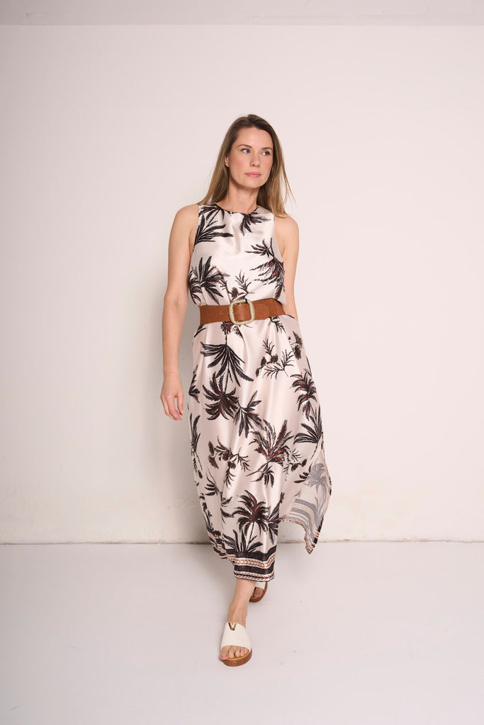 Abito midi con stampa tropicale e dettagli