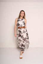 Abito midi con stampa tropicale e dettagli
