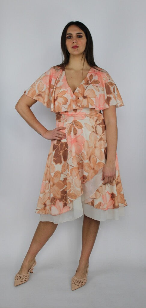 Abito midi floreale in chiffon con balza e scollo a V