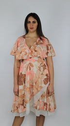 Abito midi floreale in chiffon con balza e scollo a V