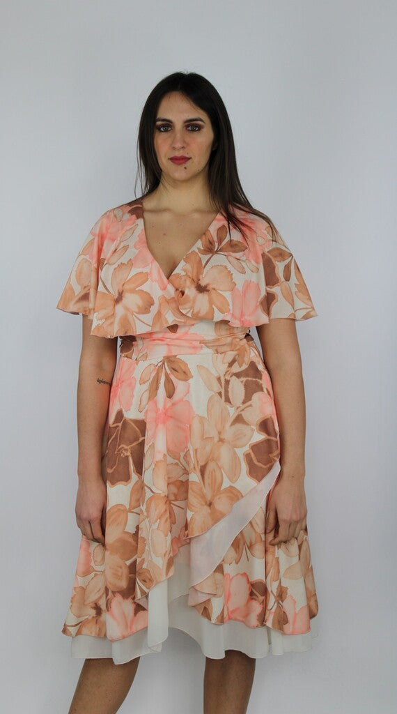 Abito midi floreale in chiffon con balza e scollo a V