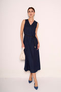 Abito smanicato in denim con cintura sottile