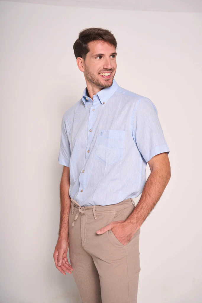 Camicia in Misto Lino con Bottoni a Contrasto
