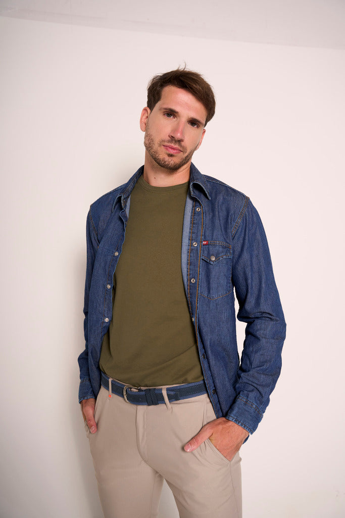 Camicia Sportiva in Denim con Bottoni a Pressione e Carré
