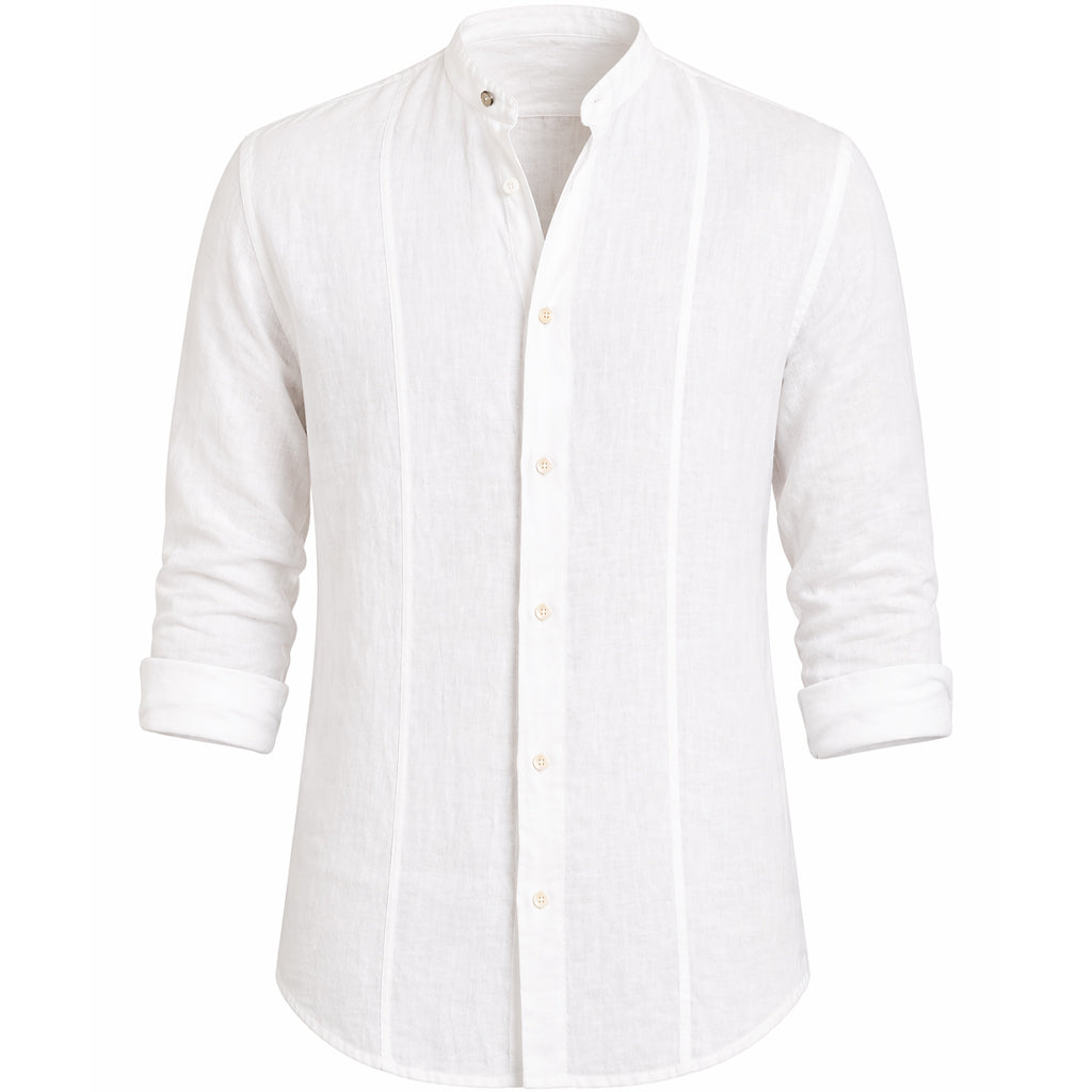 Camicia in Lino con Collo alla Coreana e Bottoni Diversi