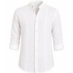 Camicia in Lino con Collo alla Coreana e Bottoni Diversi