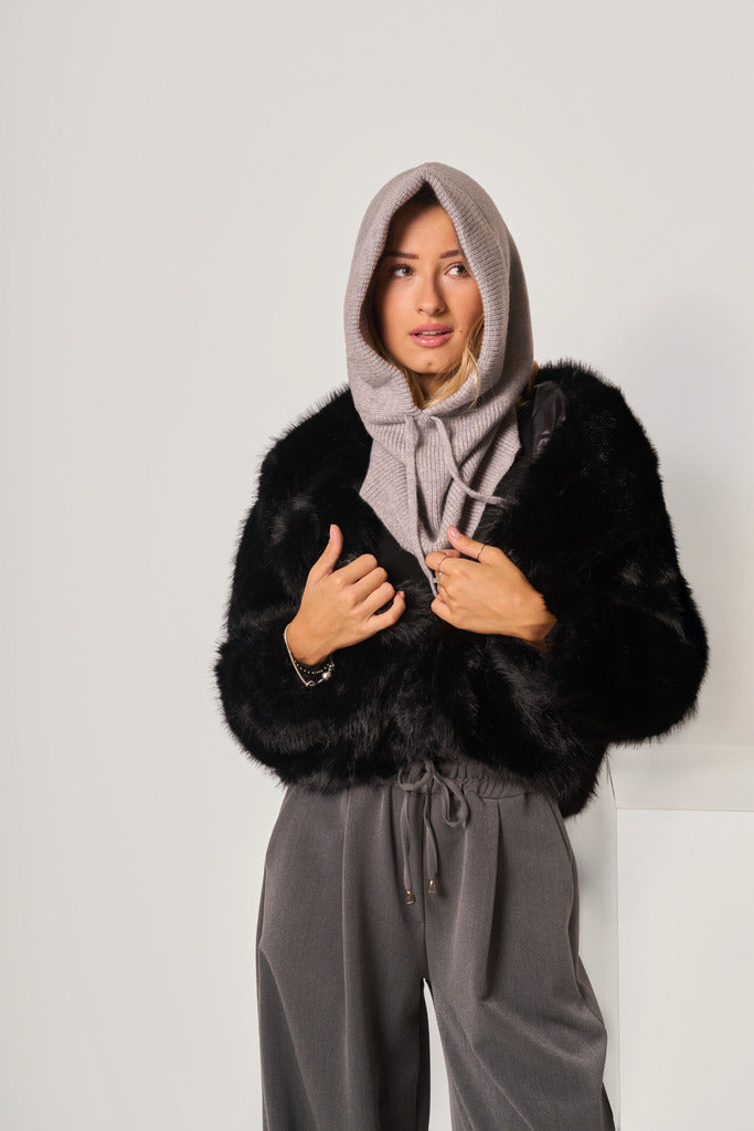 Balaclava da donna in maglia a coste con risvolto e coulisse