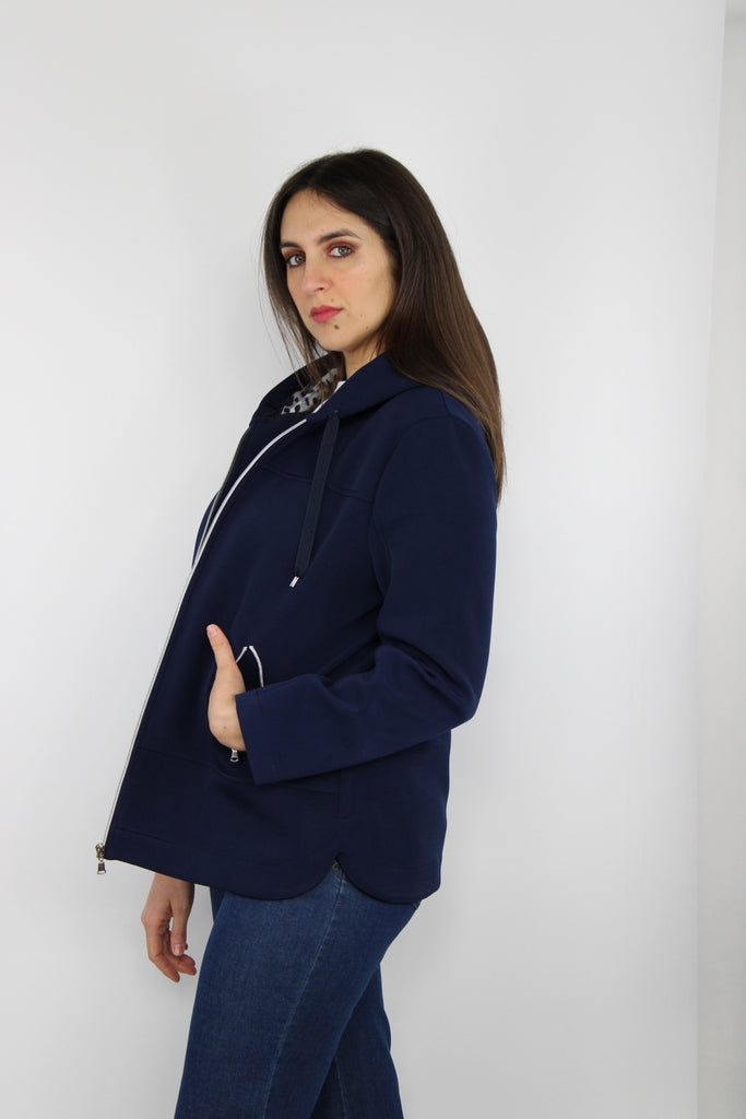 Felpa con zip blu navy e cappuccio animalier