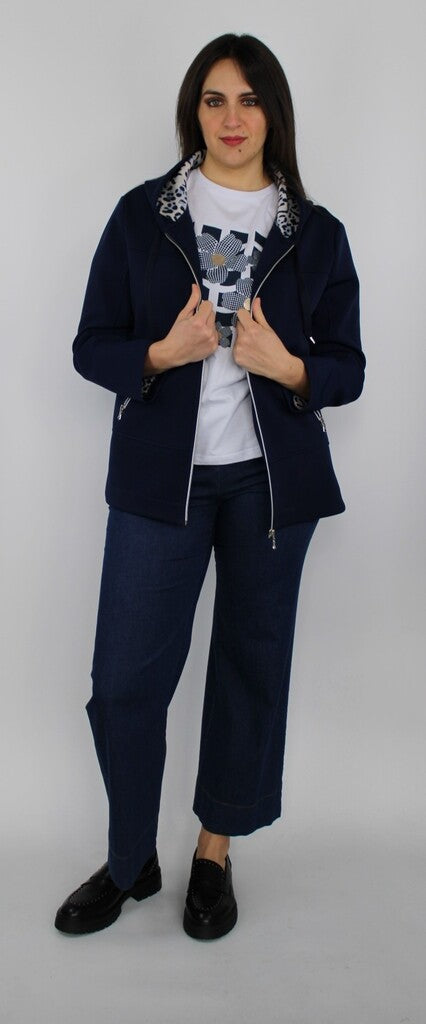 Felpa con zip blu navy e cappuccio animalier