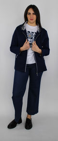 Felpa con zip blu navy e cappuccio animalier