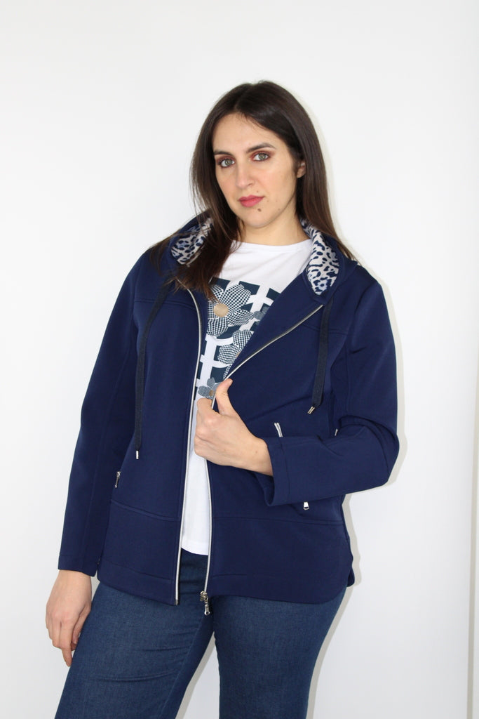 Felpa con zip blu navy e cappuccio animalier