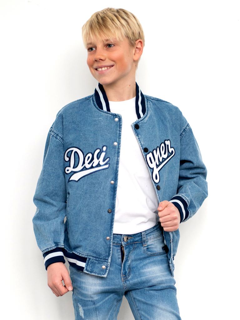 Bomber in denim varsity