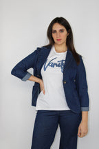 Blazer in denim blu con maniche risvoltate