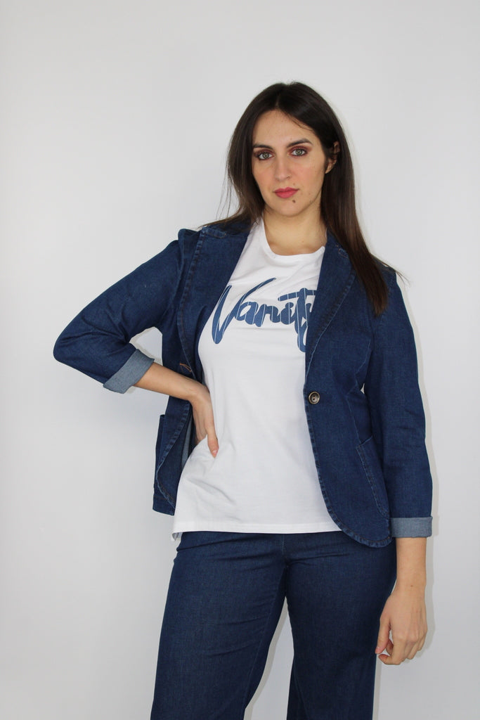 Blazer in denim blu con maniche risvoltate