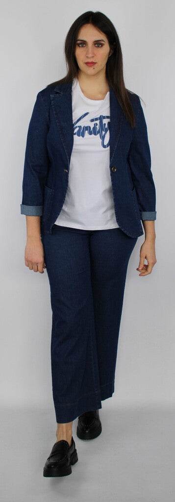 Blazer in denim blu con maniche risvoltate