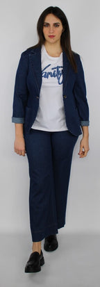 Blazer in denim blu con maniche risvoltate