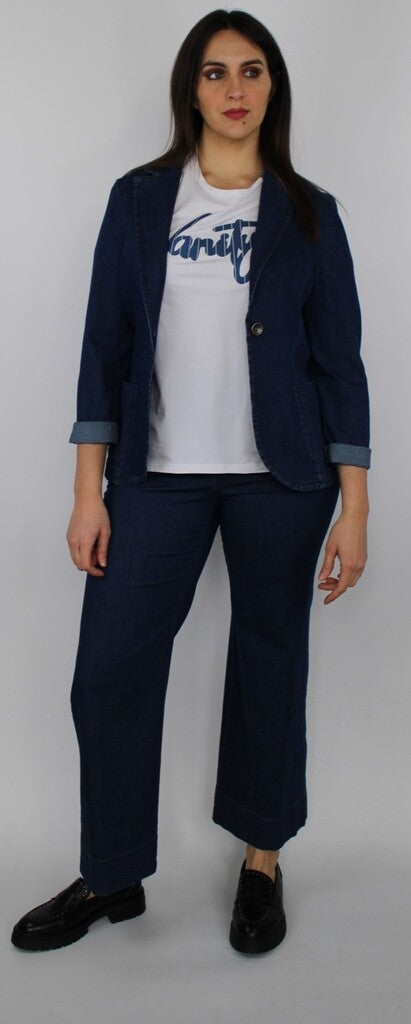 Blazer in denim blu con maniche risvoltate