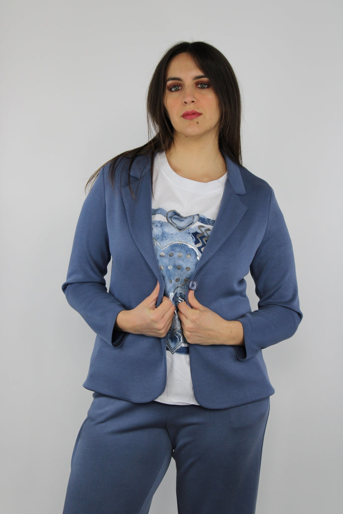 Blazer donna blu polvere in tessuto fluido