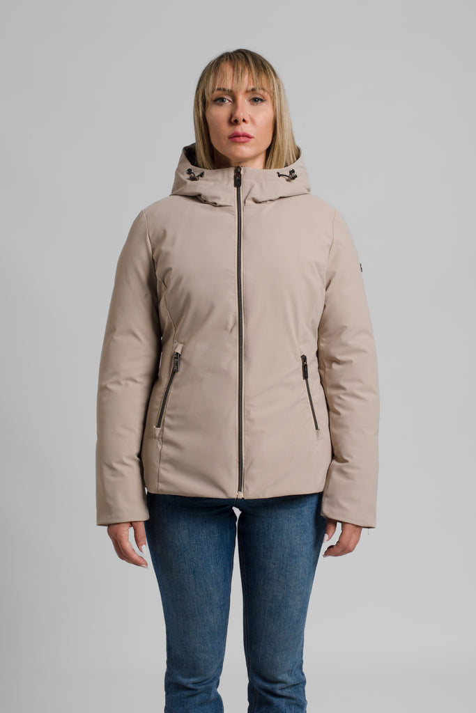 Giacca donna imbottita con cappuccio e tasche con zip