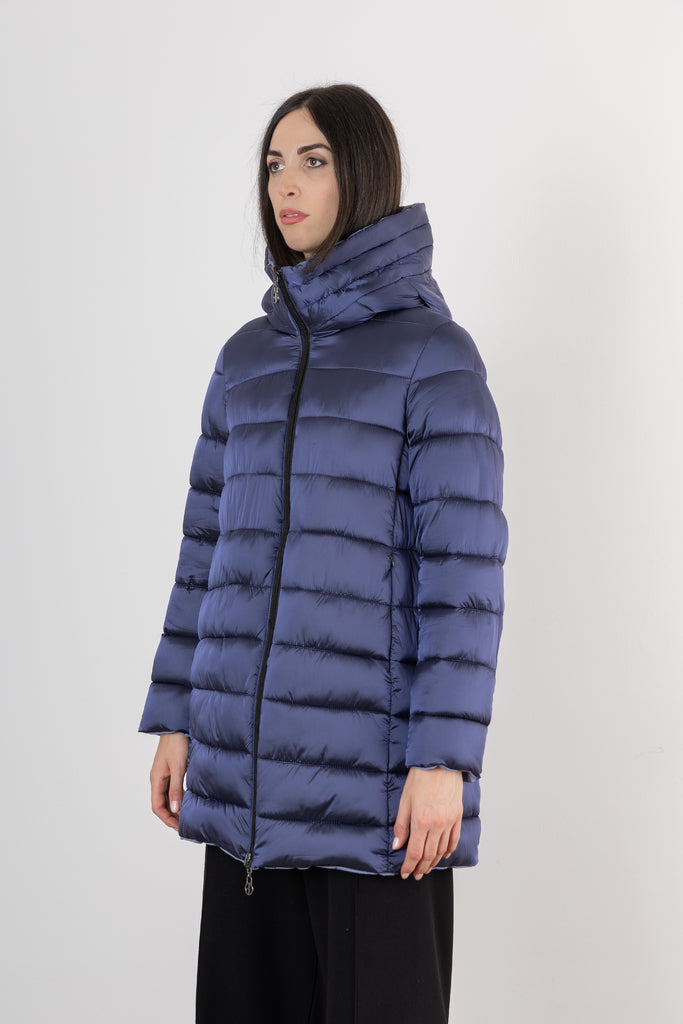 Piumino reversibile donna lungo con cappuccio