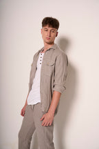 Overshirt uomo in lino sabbia con tasche