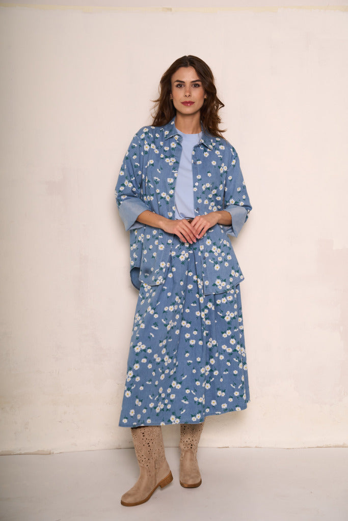 Gonna floreale in denim
