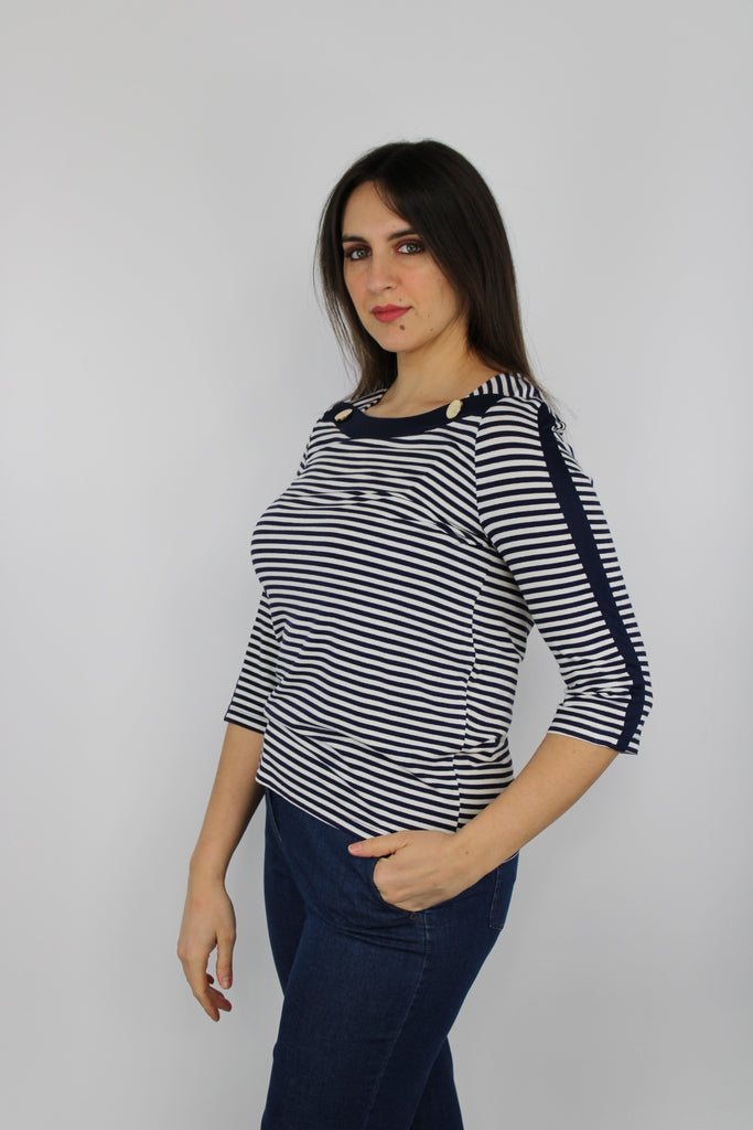 Maglia a righe navy con bottoni dorati