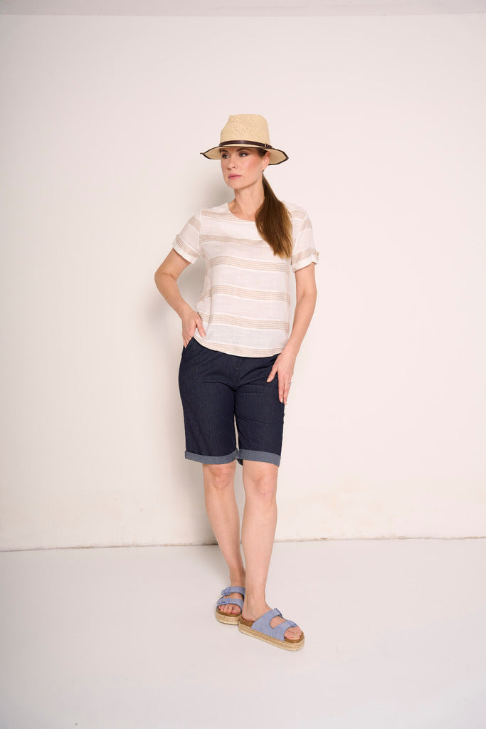 T-shirt a righe beige e bianche