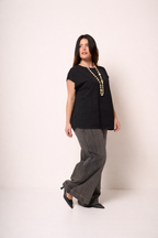 Blusa Donna Nera Plissé Manica Corta