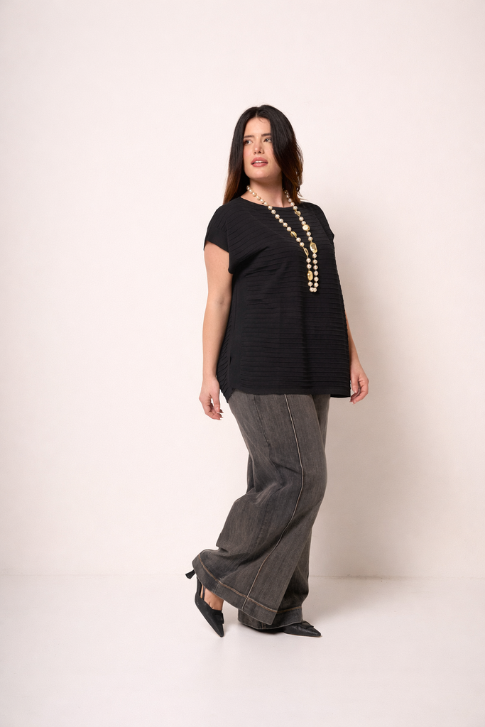 Blusa Donna Nera Plissé Manica Corta