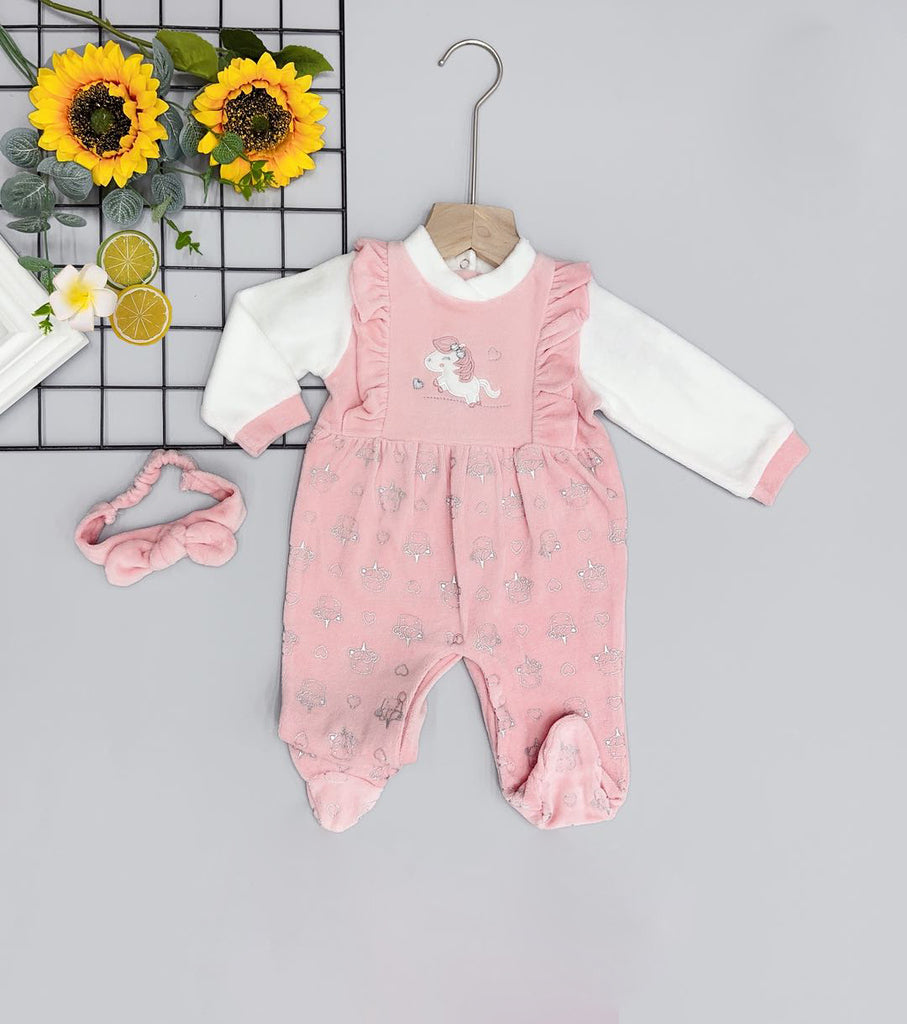 Tutina in ciniglia con ricamo unicorno e fascia coordinata