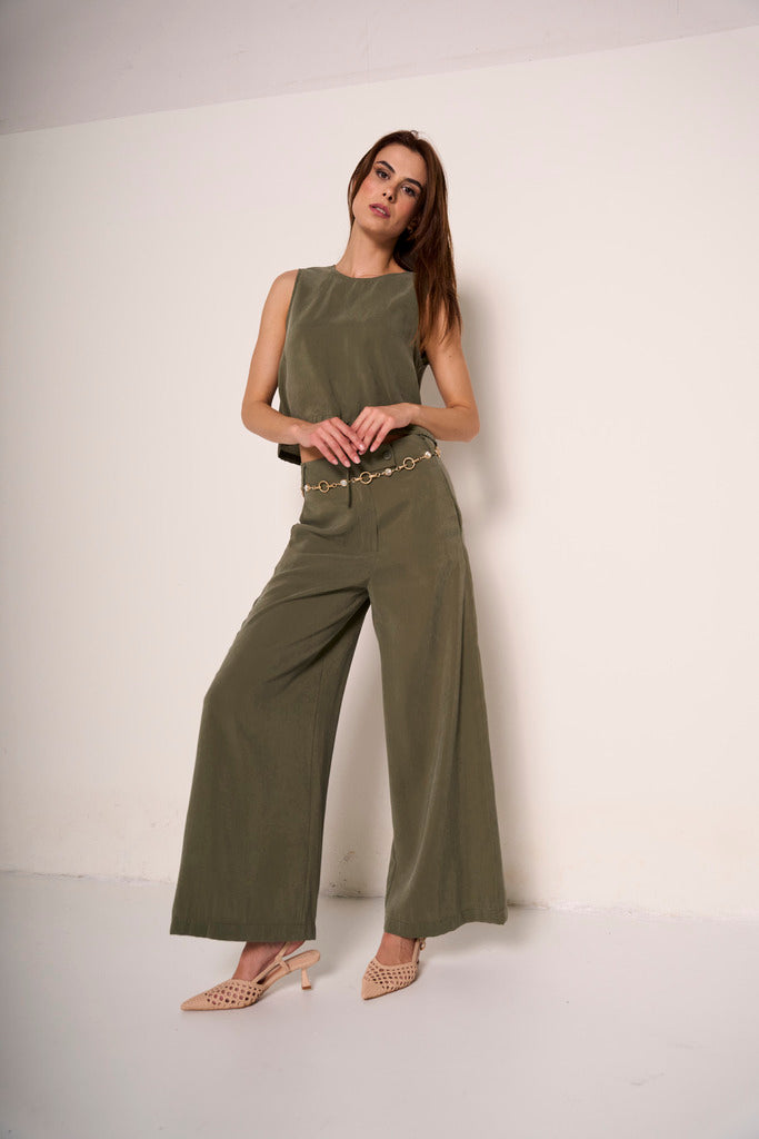 Pantaloni gamba larga verde militare