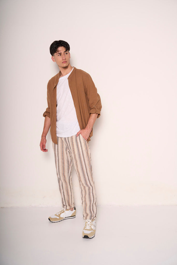 Pantaloni uomo a righe in cotone e lino