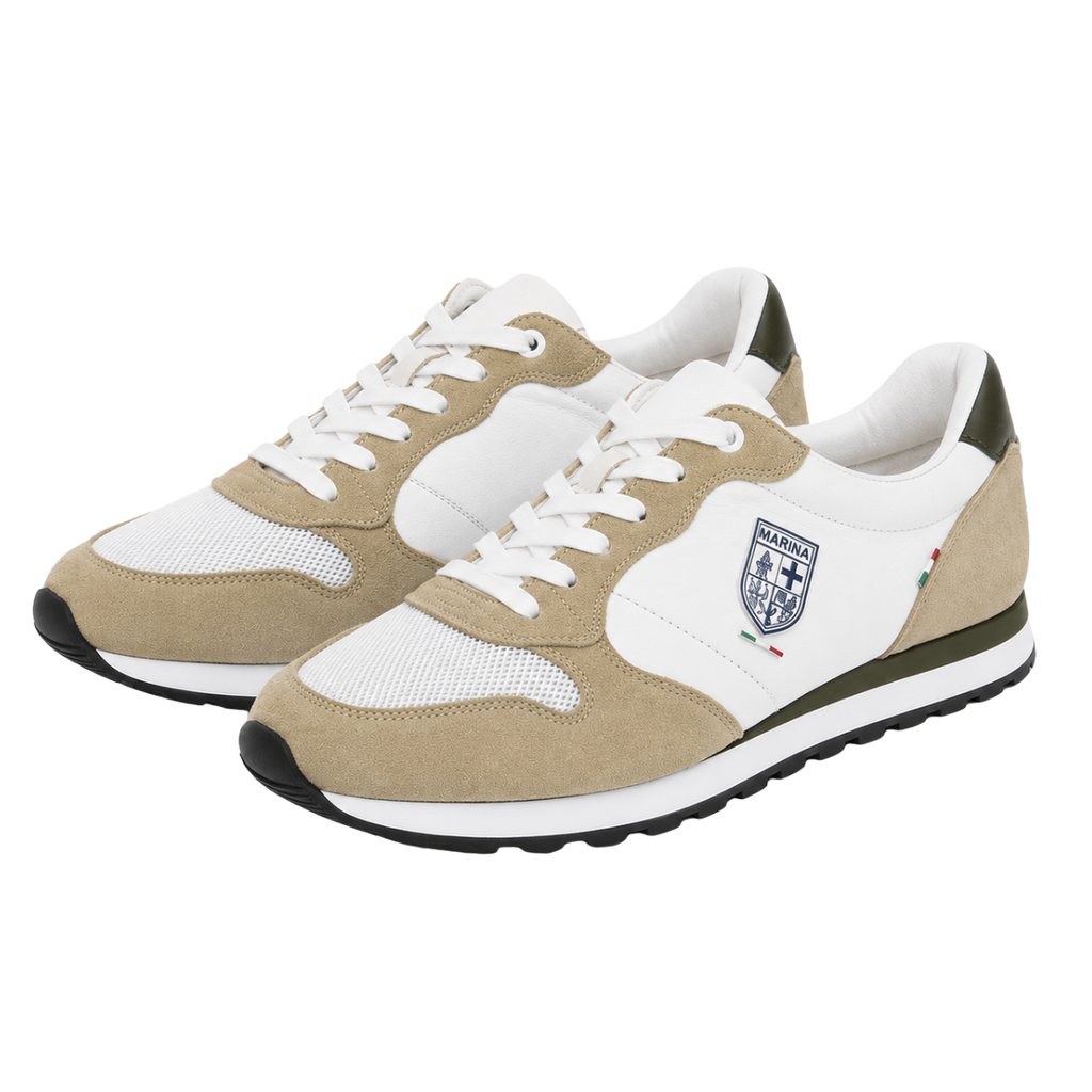 Sneakers retrò in suede e mesh beige/bianco