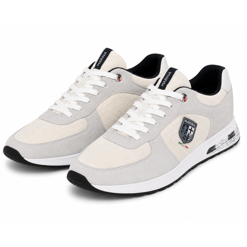 Sneakers retrò uomo in tela e suede bianco panna grigio