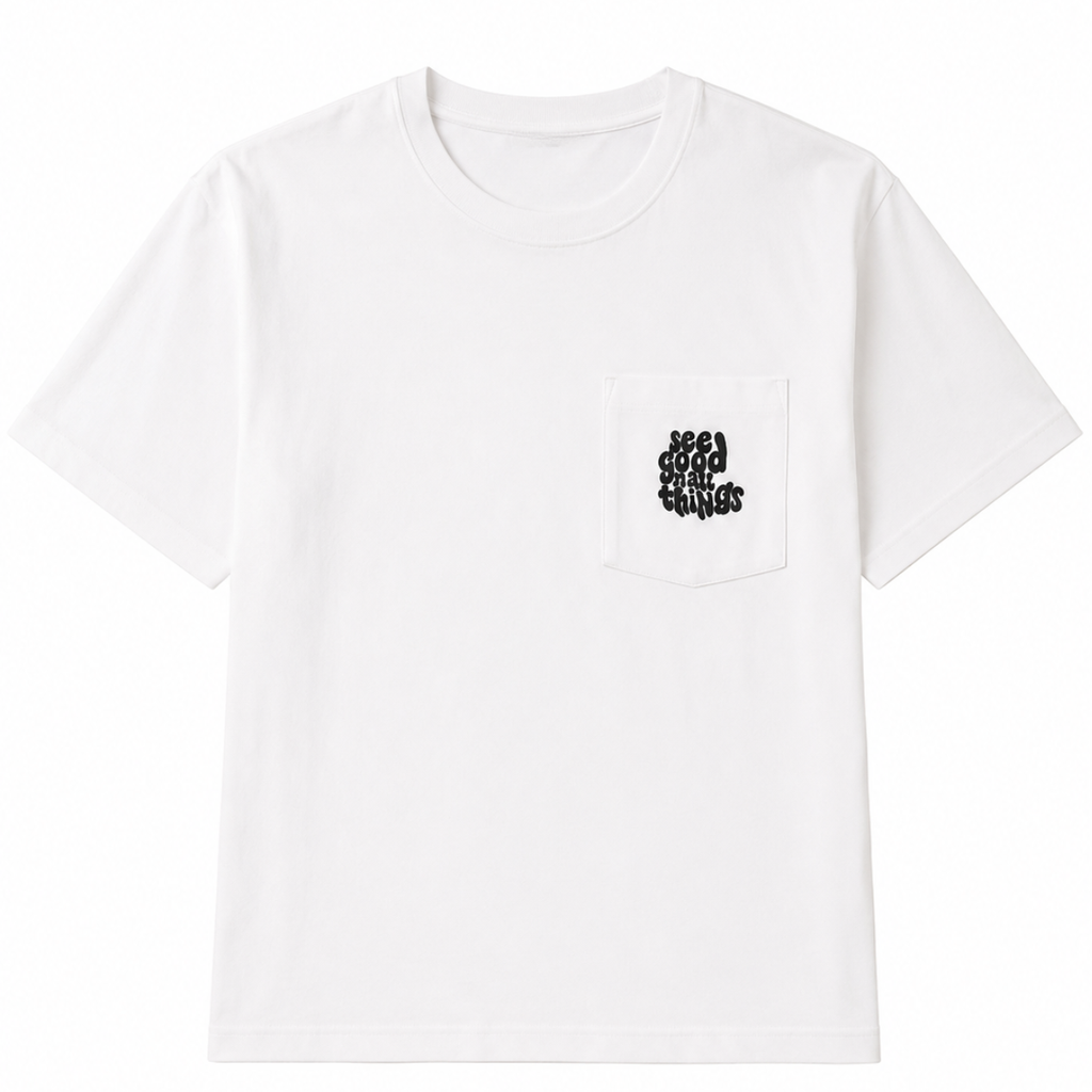 T-shirt bianca "Good Vibes" con taschino